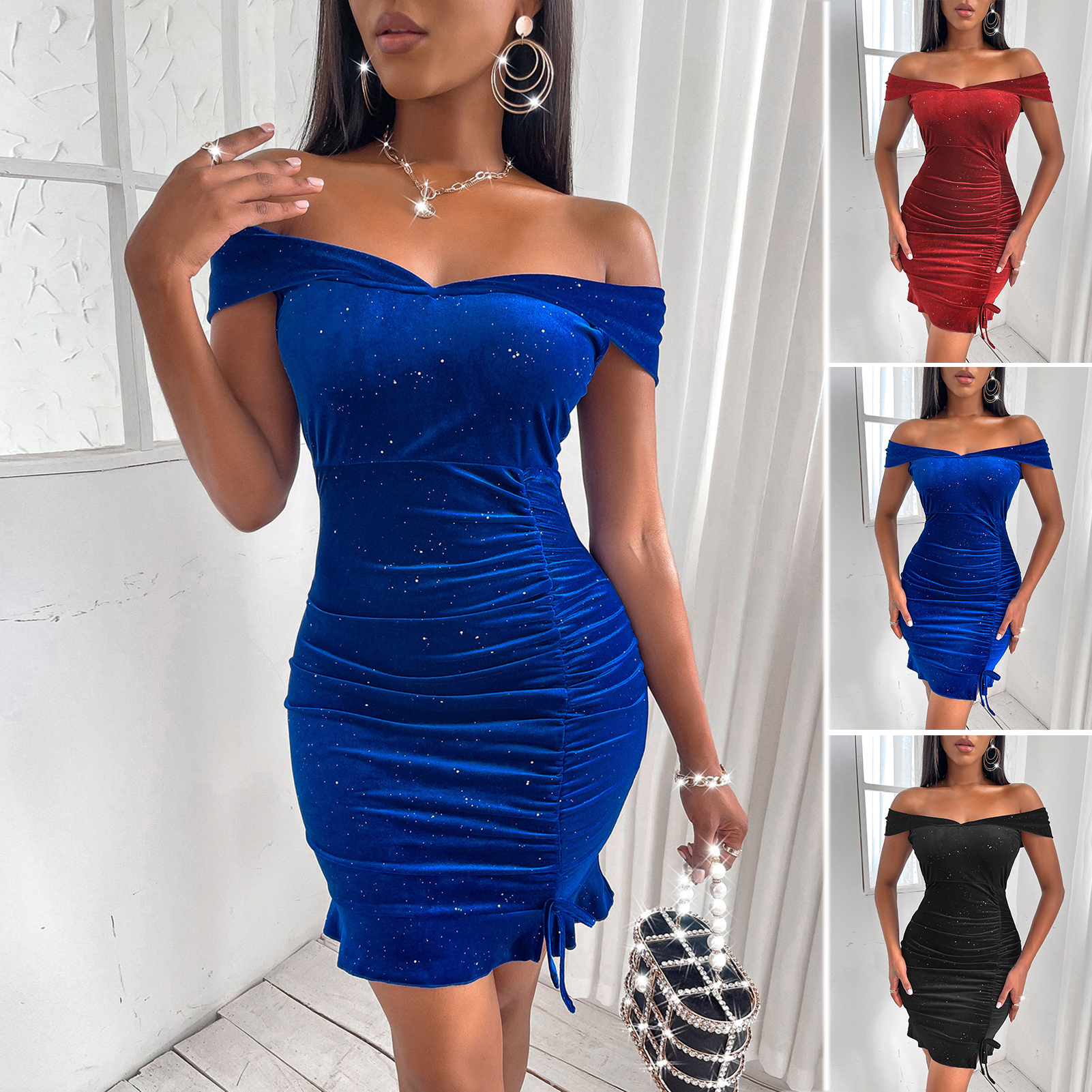 ROBE Off épaule Shirring Ruffle Trim ourlet Élégant robe en pes styleRoyal Blue Achat / Vente